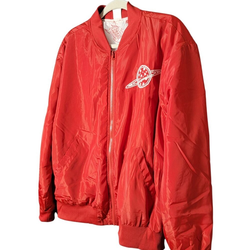Toy Story Red Pizza Planet Satin Bomber Windbreaker Jacket Adult Medium & Cap L - Picture 3 of 12